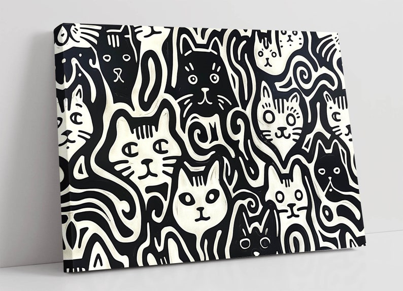 Black White Cats Abstract Pattern Contemporary Decor Wall Art Framed