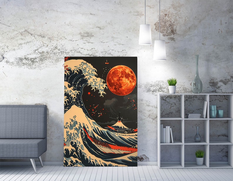 The Wave and Red Orange Sun Hokusai Style Contemporary Decor Wall Art