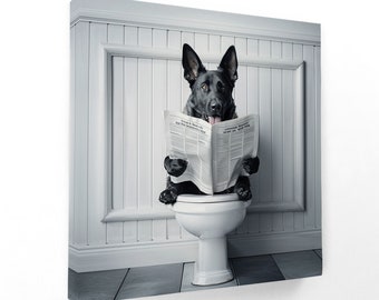 German Shepherd sitting on toilet reading -square wall art framed canvas picture print