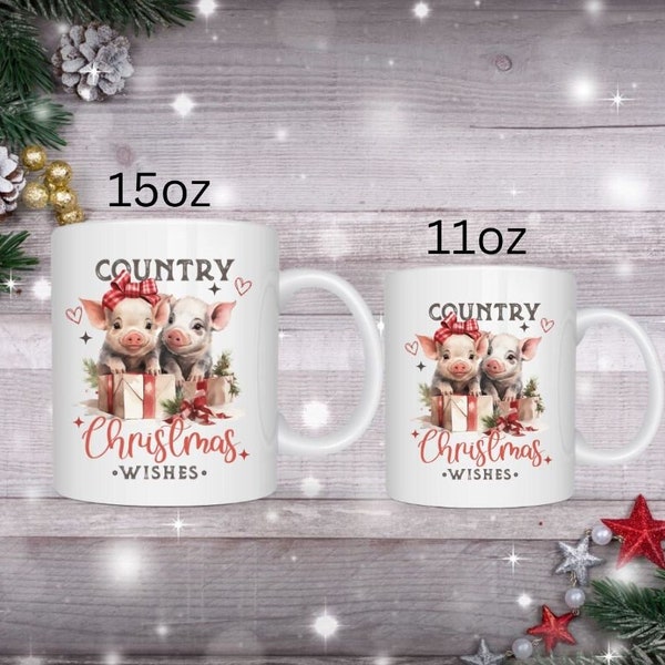 country Christmas wishes, winter mugs, pig Christmas, pig mug, Christmas hot chocolate mug, Merry Christmas mug, hot cocoa mug, boho mug