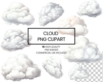 Whimsical Cloud Clipart: 15 High-Quality PNG Files (4096x4096 px), Watercolor Clouds, Weather & Rain Clip Art