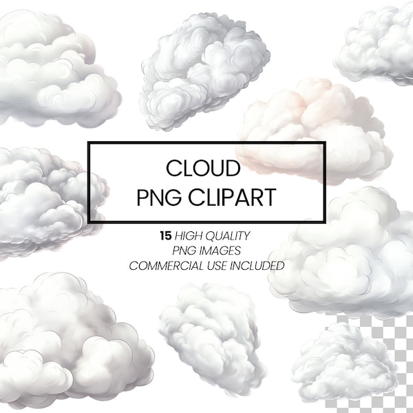 Whimsical Cloud Clipart: 15 High-Quality PNG Files (4096x4096 px), Watercolor Clouds, Weather & Rain Clip Art