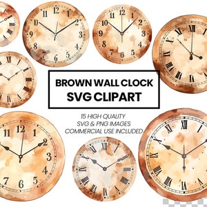 Pode incluir: Conjunto de dez imagens SVG de clip art de relógio de parede de aquarela marrom. Cada relógio apresenta marcas de números romanos e um visual desgastado e vintage.