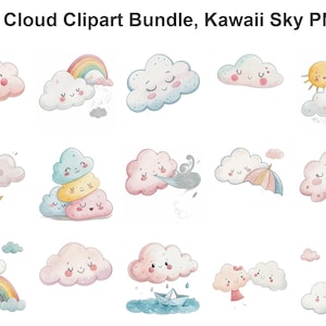 Op de afbeelding: Een verzameling aquarel wolkillustraties met lachende gezichten in pastelroze, blauwe en gele tinten. De set bevat wolken met regenbogen, bliksemschichten, paraplu's, sterren, een papieren bootje en een heteluchtballon, gelabeld Watercolor Cloud Clipart Bundle, Kawaii Sky PNG Me.