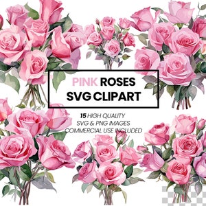 Pink Roses Clipart - 15 High Quality SVG and PNG Files - Transparant Background - Digital Crafts, Vector SVG Clipart - Wedding Clipart