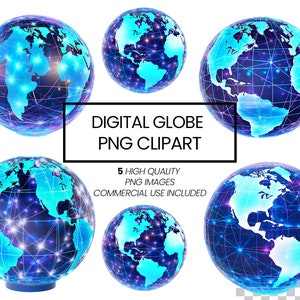 Op de afbeelding: Vijf digitale globus-illustraties in een blauw en paars kleurenschema. De globes hebben een netwerk van lijnen en stippen die de continenten verbinden. De tekst "DIGITAL GLOBE PNG CLIPART" en "5 HIGH QUALITY PNG IMAGES COMMERCIAL USE INCLUDED" wordt weergegeven op de afbeelding.
