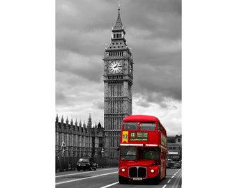 Old Red London Bus in front of Big Ben downloadable wall art,red bus downloadable photography,big ben digital print,red bus instant download