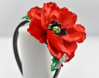 Kanzashi flower, poppy flower headband, Flower girl crown, flower crown, communion headpiece, diadem, padded headband