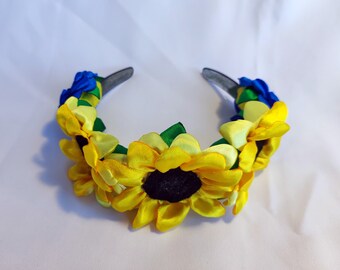 Couronne de fille de fleur, bandeau de tournesol de fleur de Kanzashi bandeau de tournesol, couronne de fleur d'or diadème d'accessoires de cheveux de Kawaii, bandeau rembourré