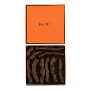 Caja de regalo de lujo con cáscara de naranja y chocolate negro belga Pajoux (115 g) - Chocolate bañado a mano - Sin gluten - Apto para veganos y vegetarianos