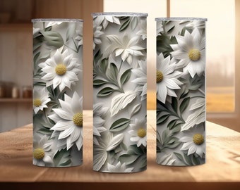 Seamless 3D White Floral Tumbler Wrap | Botanical, Cottagecore, Wedding Design | Sublimation for Straight & Tapered 20 and 30 oz Tumbler,