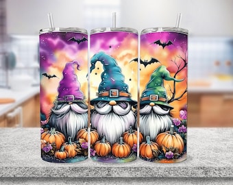 May include: Three colorful gnomes wearing witch hats and holding pumpkins. The gnomes are against a purple, orange, and yellow background with bats flying in the sky.
