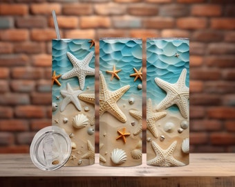 3D Seashells Beach Ocean 20 oz and 30 oz Skinny Tumbler Sublimation Design, Straight And Tapered Tumbler Wrap, Instant Digital Download PNG