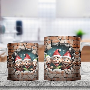 3D Santa Elves In Hole Mug Wrap, 11oz And 15oz Mug Template, Coffee Mug Design, 3D Christmas Sublimation Design, Digital Download Mug