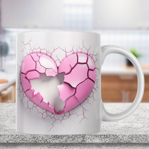 3D Pink Love Heart Crack In A Wall Mug Wrap 11oz & 15oz Mug Template, Mug Sublimation Design Mug Wrap Template PNG Instant Digital Download