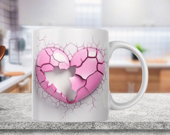 3D Pink Love Heart Crack In A Wall Mug Wrap 11oz & 15oz Mug Template, Mug Sublimation Design Mug Wrap Template PNG Instant Digital Download