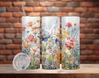 Spring Wildflowers Vibrant Watercolor 20 oz Skinny Tumbler Wrap For Sublimation | Sublimation Floral Design Seamless | Digital Download