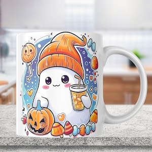 Halloween Spooky Ghost koffiemok wrap sublimatieontwerp 11oz en 15oz, schattig Halloween-sublimatieontwerp, pompoenenmoksublimatie, download