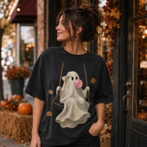Bubble Gum Ghost PNG, Coquette Ghost on Tire Swing, Girly Fall PNG, Cute Halloween Sublimation, Autumn Shirt Design image 2