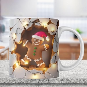 3D Lebkuchen Mann Loch in einer Wand Becherverpackung, 11 Unzen & 15 Unzen Bechervorlage, Weihnachtstasse Sublimationsdesign, Becherverpackungsvorlage, digitaler Download