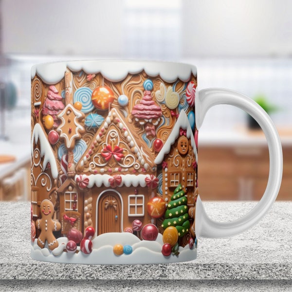 3D Christmas Gingerbread Man Coffee Mug Wrap,, 11oz,15oz Mug, Holiday Sublimation Designs Holiday Tumbler, Téléchargement numérique instantané PNG