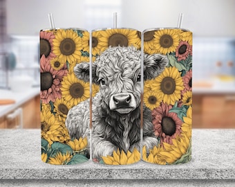 Highland Cow Sunflower Clipart Tumbler, Sunflower PNG, Sunflower Heifer Cow Sublimation Design, Summer Highland Cow Tumbler, Digital Files