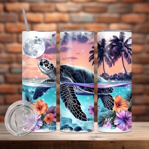 Sea Turtle Tumbler Wrap 20oz Skinny Summer Tumbler PNG Diseño de sublimación, Ocean Tumbler, Hibiscus Sea Turtle Tumbler Wrap, Descarga digital