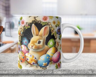 3D konijn Pasen mok wrap 11oz 15oz mok PNG, Pasen mok sublimatie ontwerp PNG, 3D konijn gat in een muur mok wrap sjabloon, Pasen mok wrap