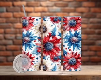 4th of July Tumbler Wrap 20 oz Skinny Tumbler PNG Sunflowers American Flag Sublimation Design Floral Patriotic Independence Day Tumbler Wrap