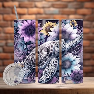 Sea Turtle Tumbler Wrap 20 oz Skinny Tumbler PNG Diseño de sublimación de tortuga, Tortuga floral, Sea Baby Turtle Tumbler Wrap, Descarga digital