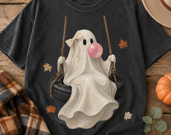 Bubble Gum Ghost PNG, Coquette Ghost on Tire Swing, Girly Fall PNG, Cute Halloween Sublimation, Autumn Shirt Design