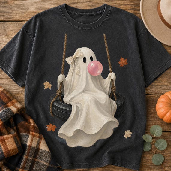 Bubble Gum Ghost PNG, Coquette Ghost on Tire Swing, Girly Fall PNG, Cute Halloween Sublimation, Autumn Shirt Design