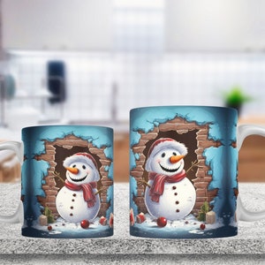 3D Snowman Mug Wrap, 11oz And 15oz Mug Template, Hole In A Wall Mug Sublimation Design, Mug Wrap Template, Instant Digital Download PNG