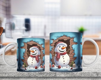 3D Schneemann Becher Wrap, 11 Unzen und 15 Unzen Becher Vorlage, Hole In A Wand Becher Sublimation Design, Becher Wrap Vorlage, Sofortiger digitaler Download PNG