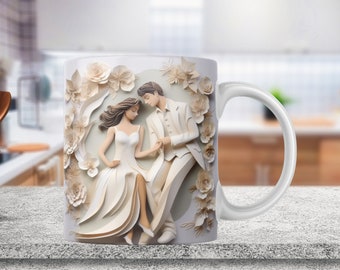 Envoltório de caneca de casal de casamento 3D, modelo de caneca de 11 onças e 15 onças, design de sublimação de caneca, modelo de embrulho de caneca de flores brancas, download digital instantâneo, modelo de caneca de casamento png