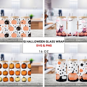 Halloween Glass Wrap svg, Libbey Glass Can 16oz svg, 16oz Glass Can Wrap, Ghost Libbey Glass Svg, Halloween Can Glass Svg, Trendy Halloween