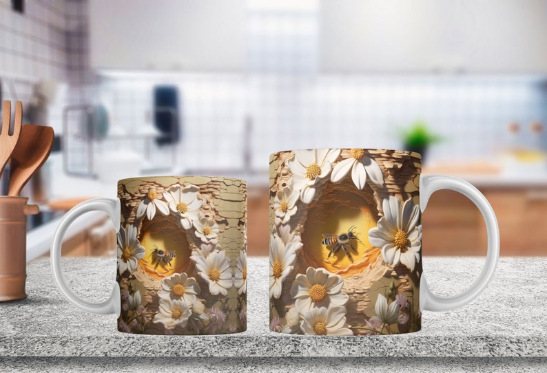 May include: Two white ceramic mugs featuring a design of a beehive surrounded by white daisies. The beehive is crafted from wood and has a hole in the centre. A bee is flying out of the hole. The mugs are on a light brown surface.