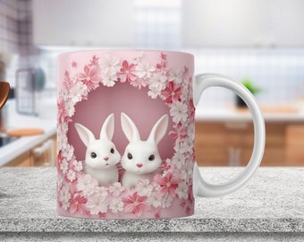 3D Baby Rabbit Mug Wrap, 11oz & 15oz Mug Wrap PNG, Easter mug wrap, mug sublimation design, Animal Mug Wrap Template, Floral Pink Mug Wrap