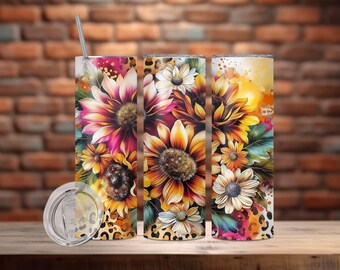 Girasoles Tumbler Wrap 20oz Skinny Tumbler PNG Glitter Leopard Sublimation Design Seamless Glitter Girasoles Tumbler Wrap Descarga digital