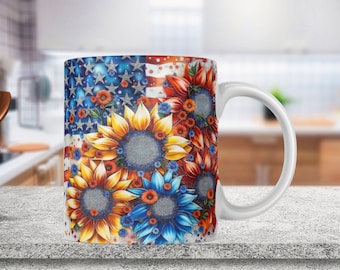 4 de julio Taza Envoltura Bandera estadounidense Taza de girasoles Diseño de sublimación PNG Día de la Independencia Patriótica floral 11 oz 15 oz Taza de plantilla de taza de café