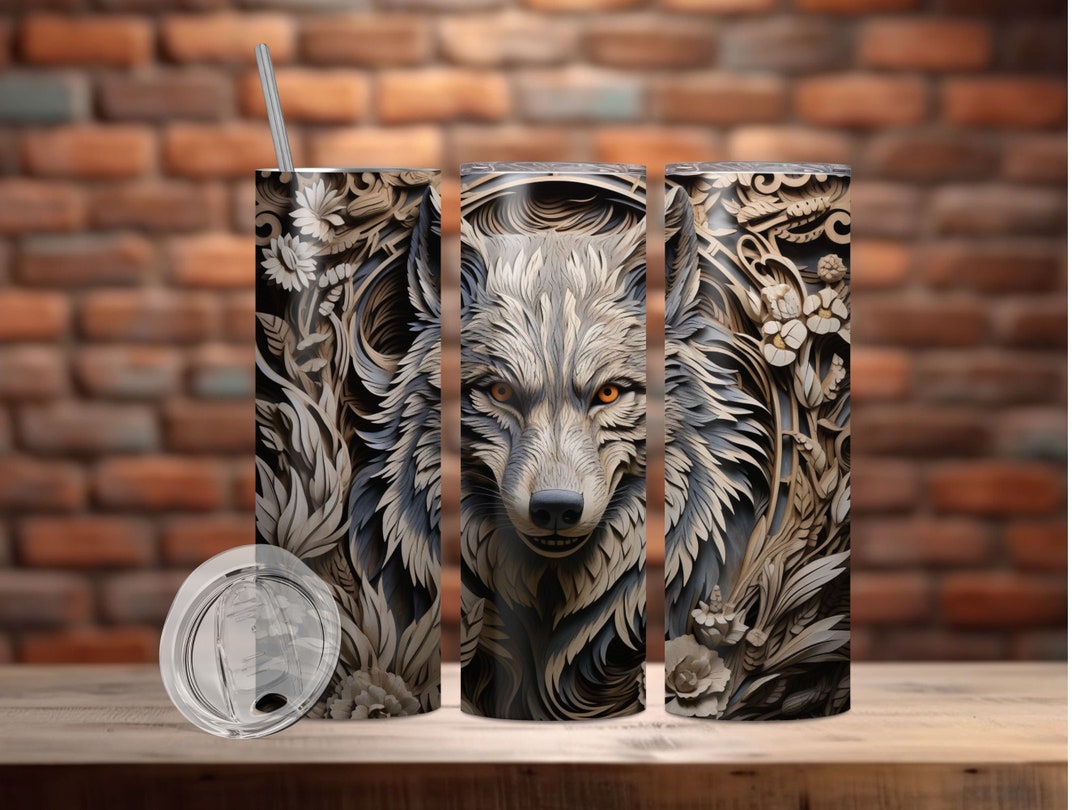 3D Wooden Wolf 20 Oz and 30 Oz Skinny Tumbler Sublimation Design ...
