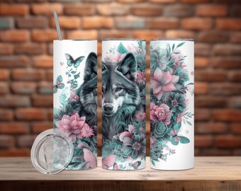 Wolf Tumbler Wrap, 20oz Skinny Straight Tumbler Sublimation Design Templates PNG, Floral Tumbler, Spring Flower, Instant Digital Download