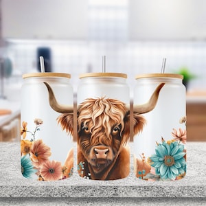 Highland Cow Libbey Glass Wrap, Floral 16 Oz Glass Can Wrap PNG, Flowers Glass Tumbler Wrap, Glass Can Sublimation Wrap Design Download