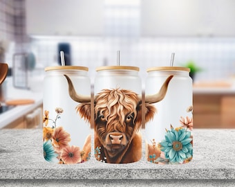 Highland Cow Libbey Glass Wrap, Floral 16 Oz Glass Can Wrap PNG, Flowers Glass Tumbler Wrap, Glass Can Sublimation Wrap Design Download