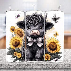Sunflower Baby Highland Cow Tumbler, 20oz Skinny Tumbler Sublimation, Sunflower Clipart, Highland Cow Flower, Sunflower PNG, Digital Files