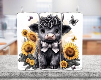 Sunflower Baby Highland Cow Tumbler, 20oz Skinny Tumbler Sublimation, Sunflower Clipart, Highland Cow Flower, Sunflower PNG, Digital Files