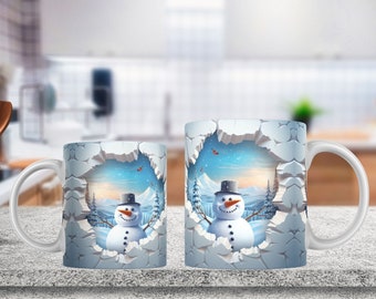3D-Schneemann-Becherverpackung, 11 Unzen und 15 Unzen Bechervorlage, Loch in einem Wandbecher Sublimationsdesign, Becherverpackungsvorlage, sofortiger digitaler Download PNG