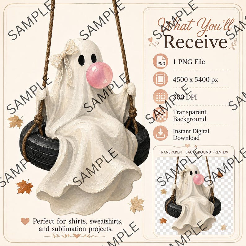 May include: A digital illustration of a white ghost wearing a beige lace bow, sitting on a black tyre swing while blowing a pink bubblegum bubble. The image includes text stating What You'll Receive, 1 PNG File, 4500 x 5400 px, 300 DPI, Transparent Background, Instant Digital Download, and a transparent background preview.