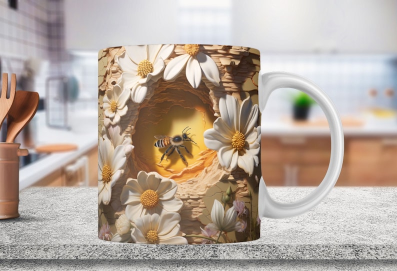 May include: White ceramic mug featuring a 3D design of a bee flying into a flower nest. The design incorporates white flowers with yellow centres and a brown, textured background.