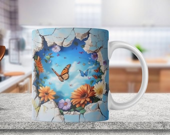 3D Cute Crack In A Wall Blue Butterfly Mug Wrap, 11oz & 15oz Mug Design, Flower Mug Sublimation Design, Mug Wrap Template PNG, Butterfly PNG